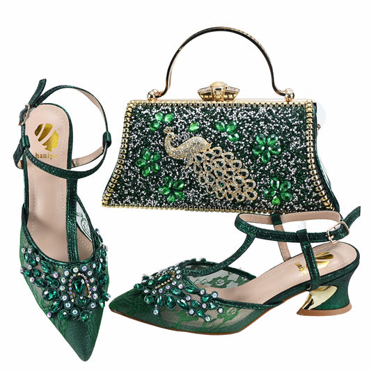 Rhinestone Peacock Mesh Pointed High Heels With Rhinestone Hand Bag Clutch Bag Dinner Shoes Suit Cross Border