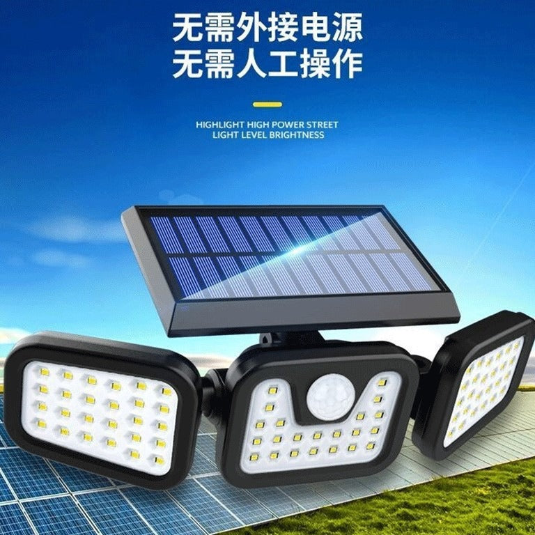 74LED Three Head Lamp Outdoor Solar Courtyard Wall Lamp Household Human Body Induction Lighting Street Lamp