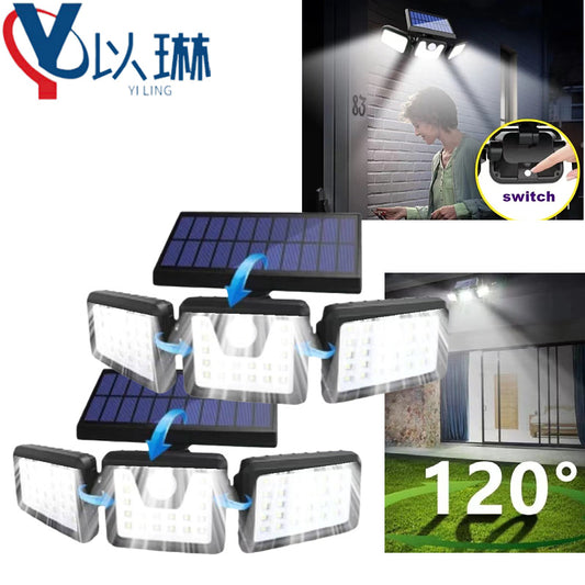 74LED Three Head Lamp Outdoor Solar Courtyard Wall Lamp Household Human Body Induction Lighting Street Lamp