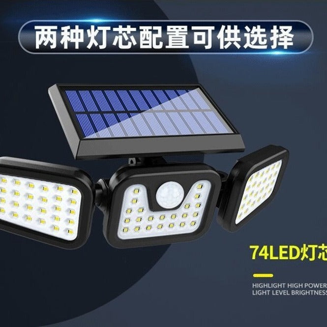 74LED Three Head Lamp Outdoor Solar Courtyard Wall Lamp Household Human Body Induction Lighting Street Lamp