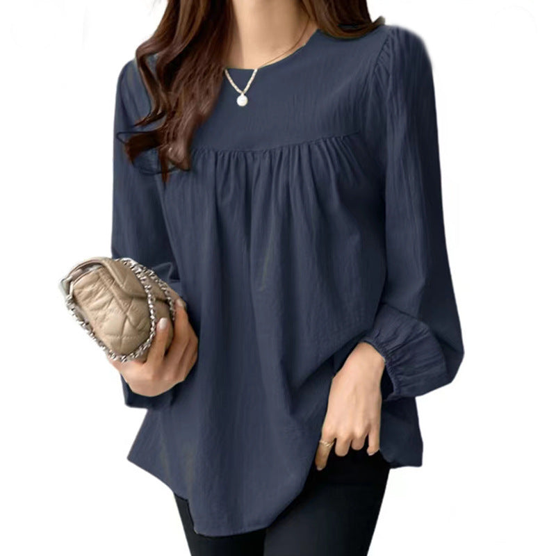 Spring And Autumn  European And American Clothing Solid Color Loose Round Neck Large Size Shirt