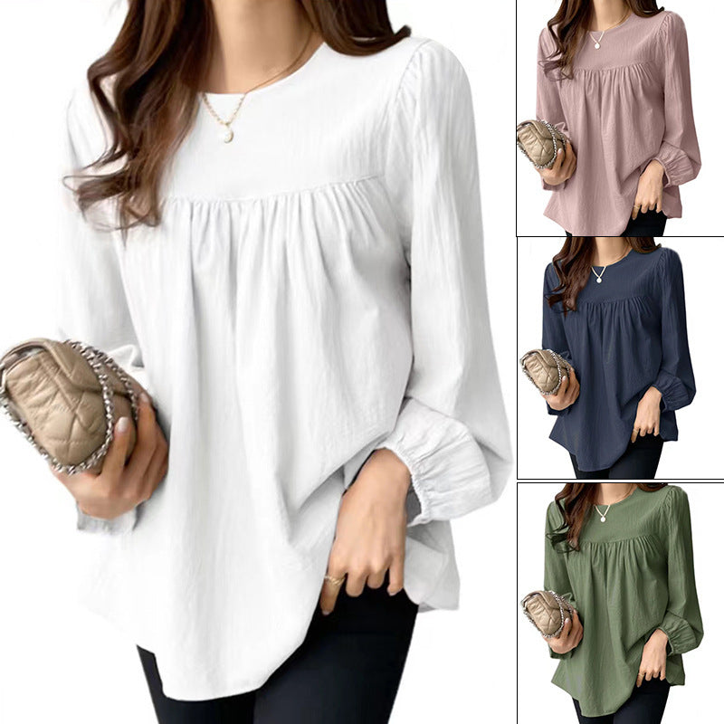 Spring And Autumn  European And American Clothing Solid Color Loose Round Neck Large Size Shirt