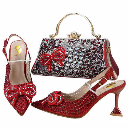 Red Hollow Pointed High Heels With Rhinestone Hand Bag Clutch Bag Dinner Shoe Bag Suit Cross-border 37-42