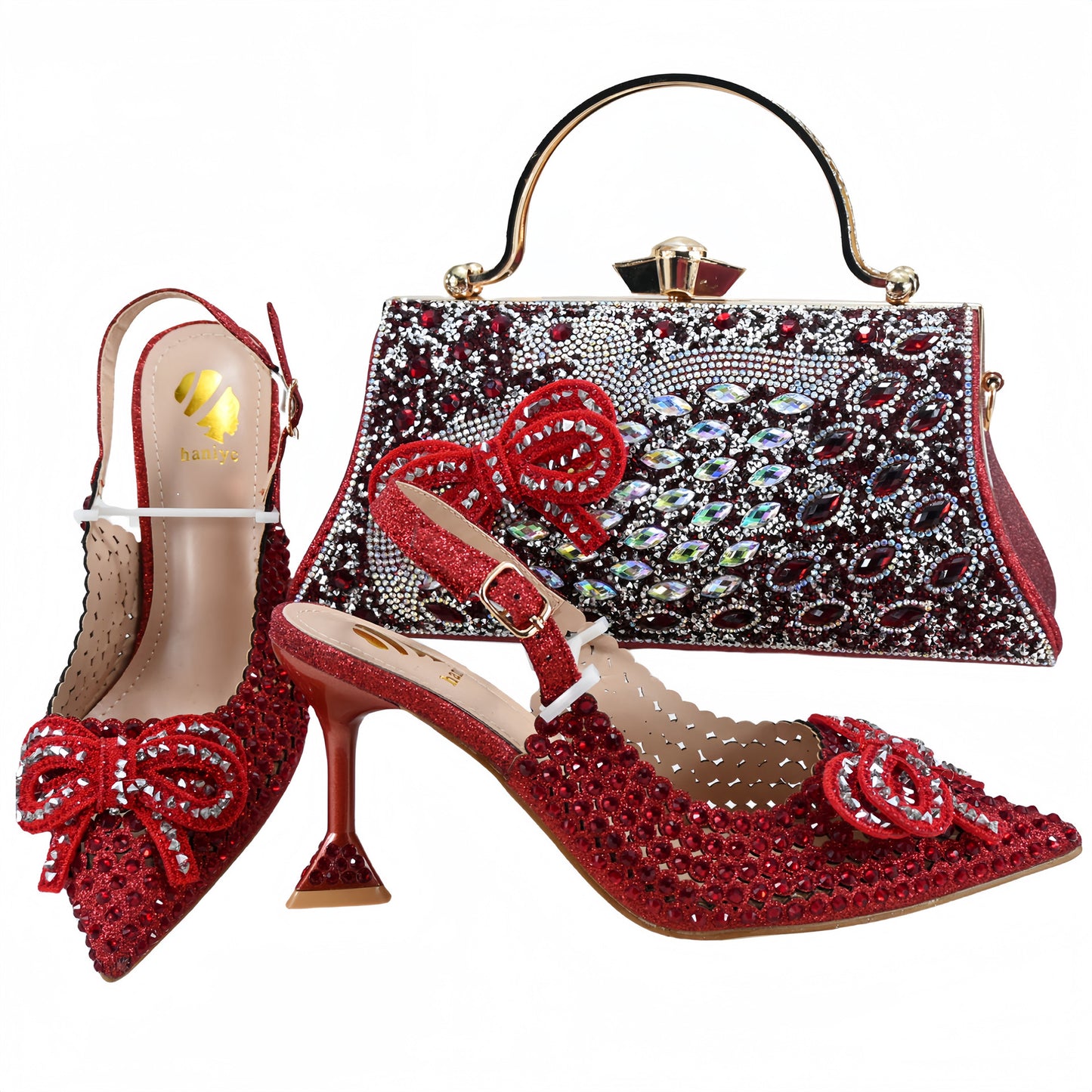 Red Hollow Pointed High Heels With Rhinestone Hand Bag Clutch Bag Dinner Shoe Bag Suit Cross-border 37-42